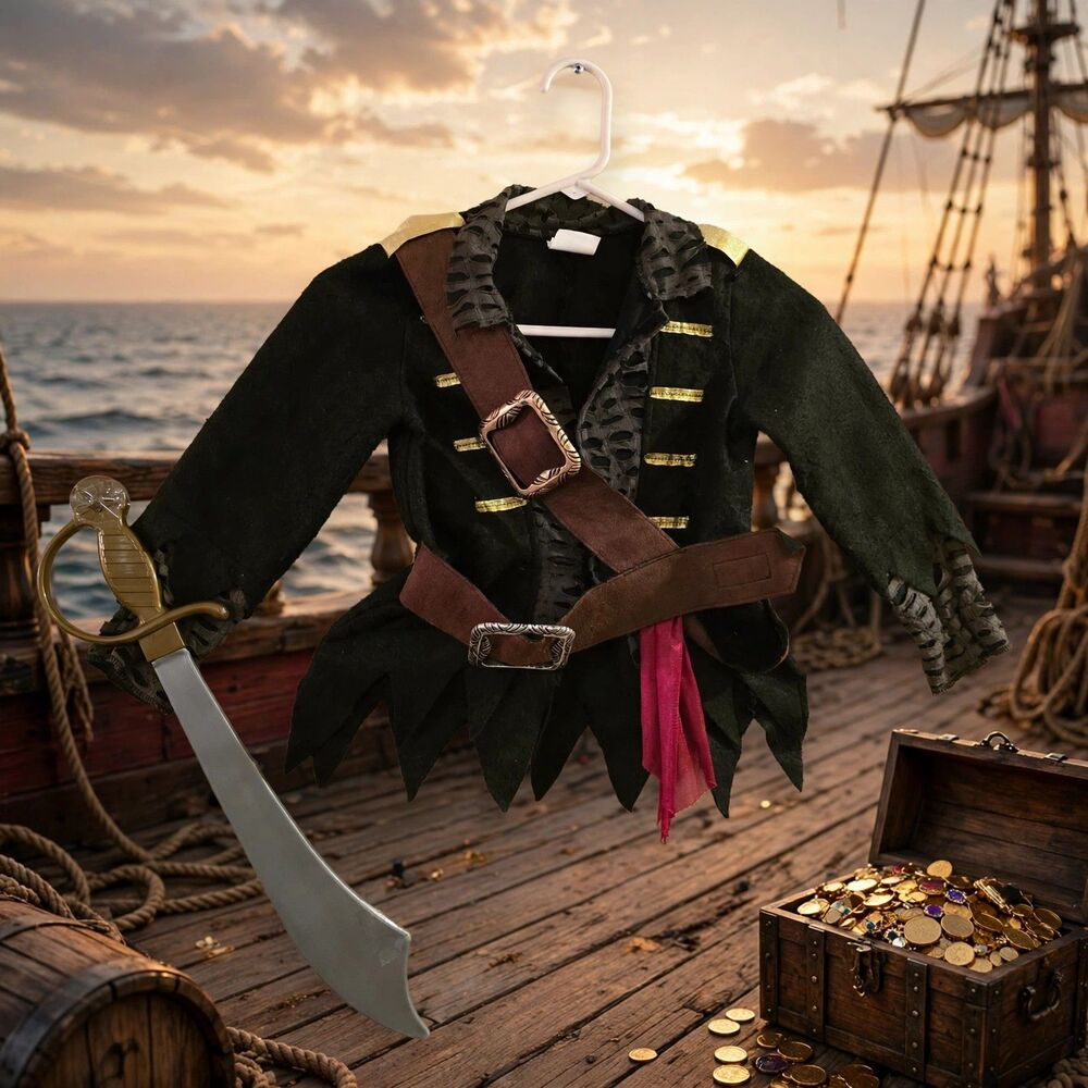 Kids Pirate Halloween Costume Jacket Belt Sword Child 5-6 C212